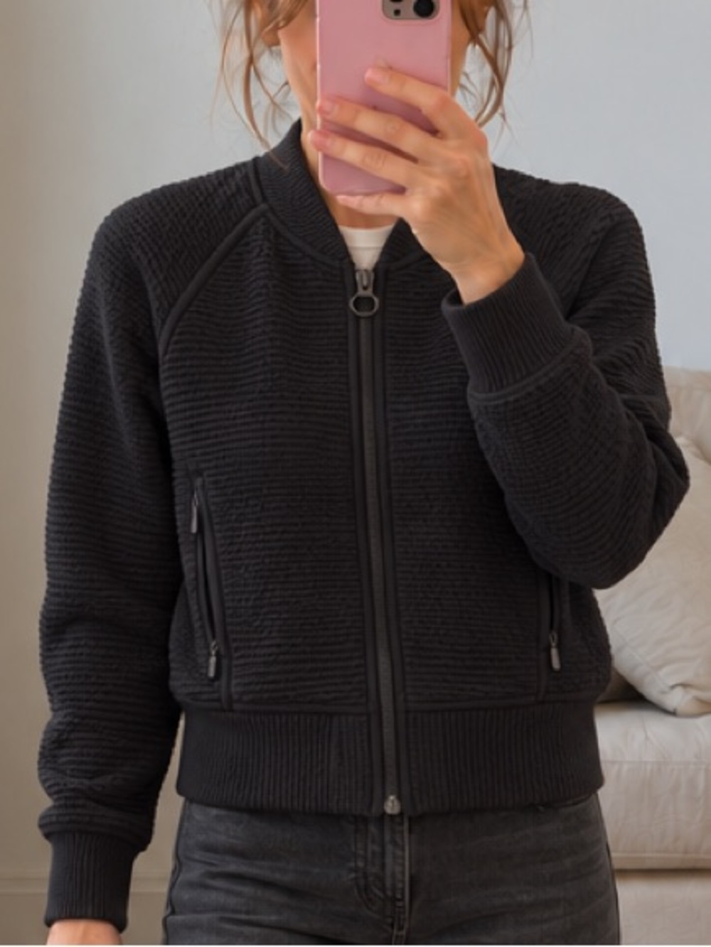 lululemon On Repeat Bomber Black Textured Full-Zip Jacket Size 4